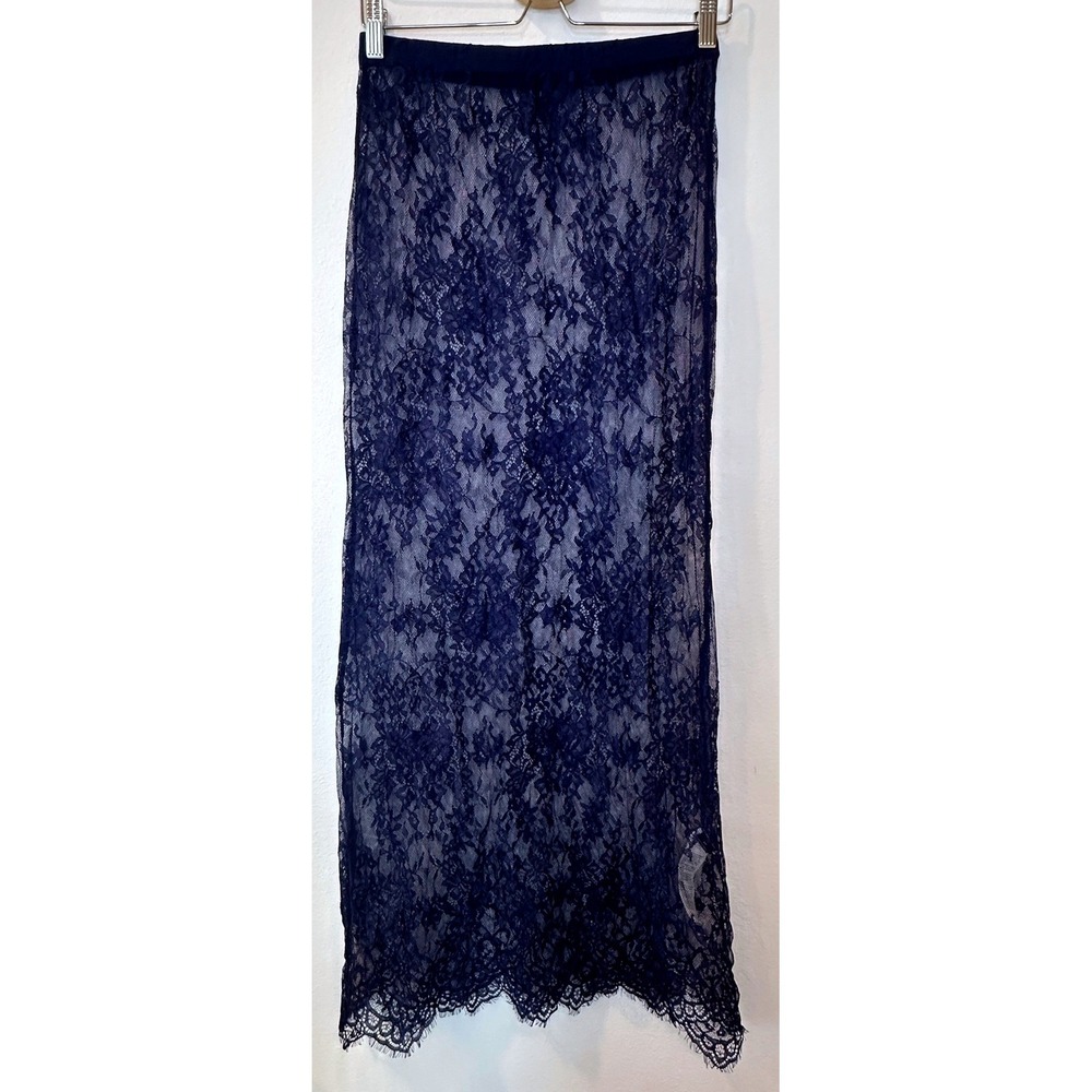 Navy Blue Floral Lace Maxi Skirt Sheer Eyelash Hem Elastic Waist Size Medium